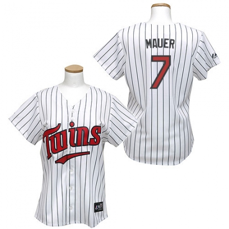 Women's Majestic Minnesota Twins #7 Joe Mauer Authentic White/Blue Strip MLB Jersey