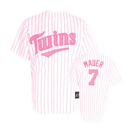 Women's Majestic Minnesota Twins #7 Joe Mauer Replica White/Pink Strip MLB Jersey