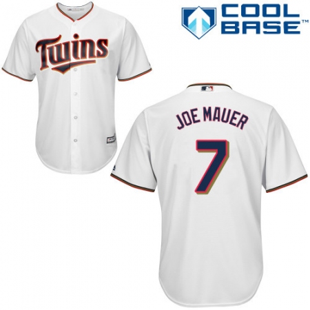Youth Majestic Minnesota Twins #7 Joe Mauer Replica White Home Cool Base MLB Jersey