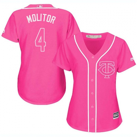 Women's Majestic Minnesota Twins #4 Paul Molitor Authentic Pink Fashion Cool Base MLB Jersey